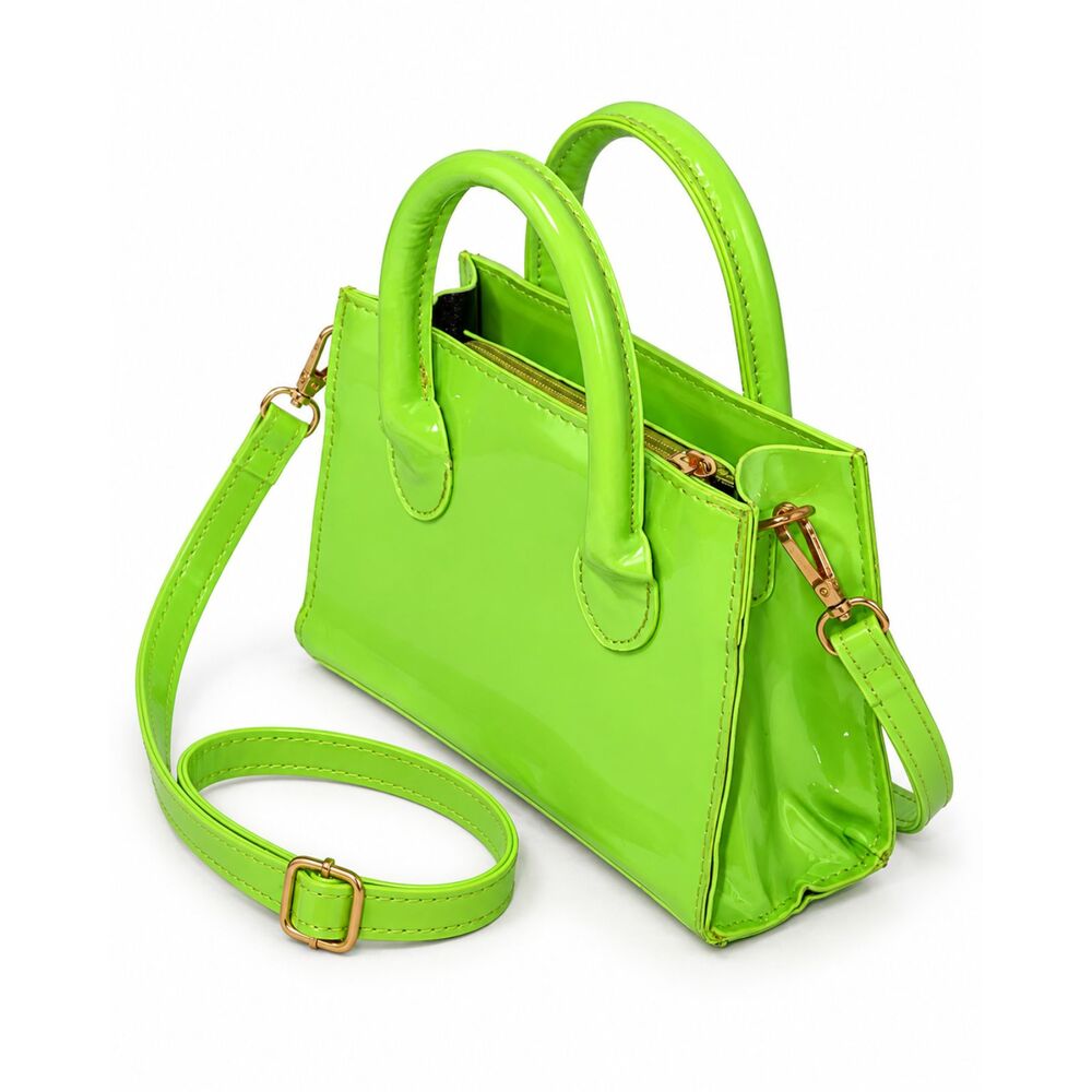 Neon Lime Green Patent Look Mini Satchel Crossbody Bag Top Handle Purse Y2K